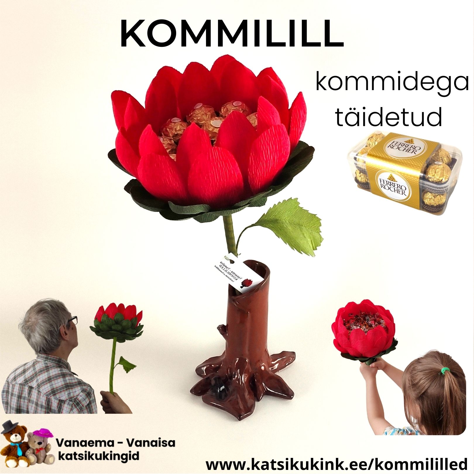 Kingi käsitööna valminud kommilill (lill+kommid), mis ei närbu ja maitseb hästi!