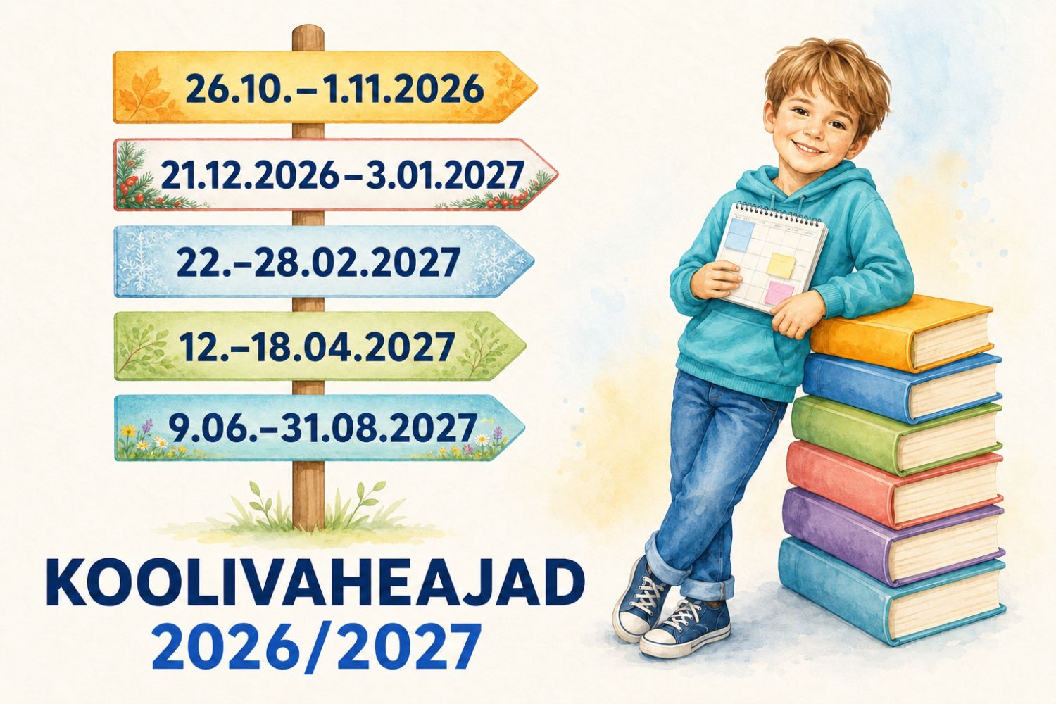 Koolivaheajad 2026/2027 – sügis-, jõulu-, talve-, kevad- ja suvevaheaja kuupäevad