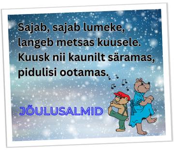 Lastele mõeldud jõulusalm lumise tausta ja tegelastega