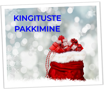 Punane jõulukott, kust paistavad välja pakitud kingitused heledal talvisel taustal.